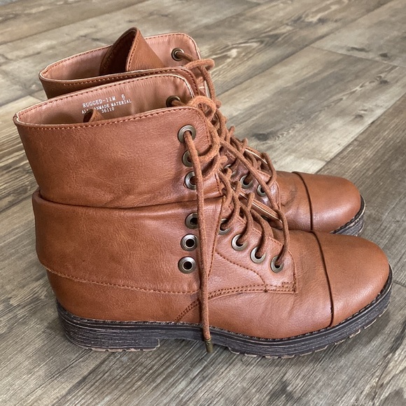 Bamboo Brown Lace Up Combat Boots 6 - Picture 3 of 9